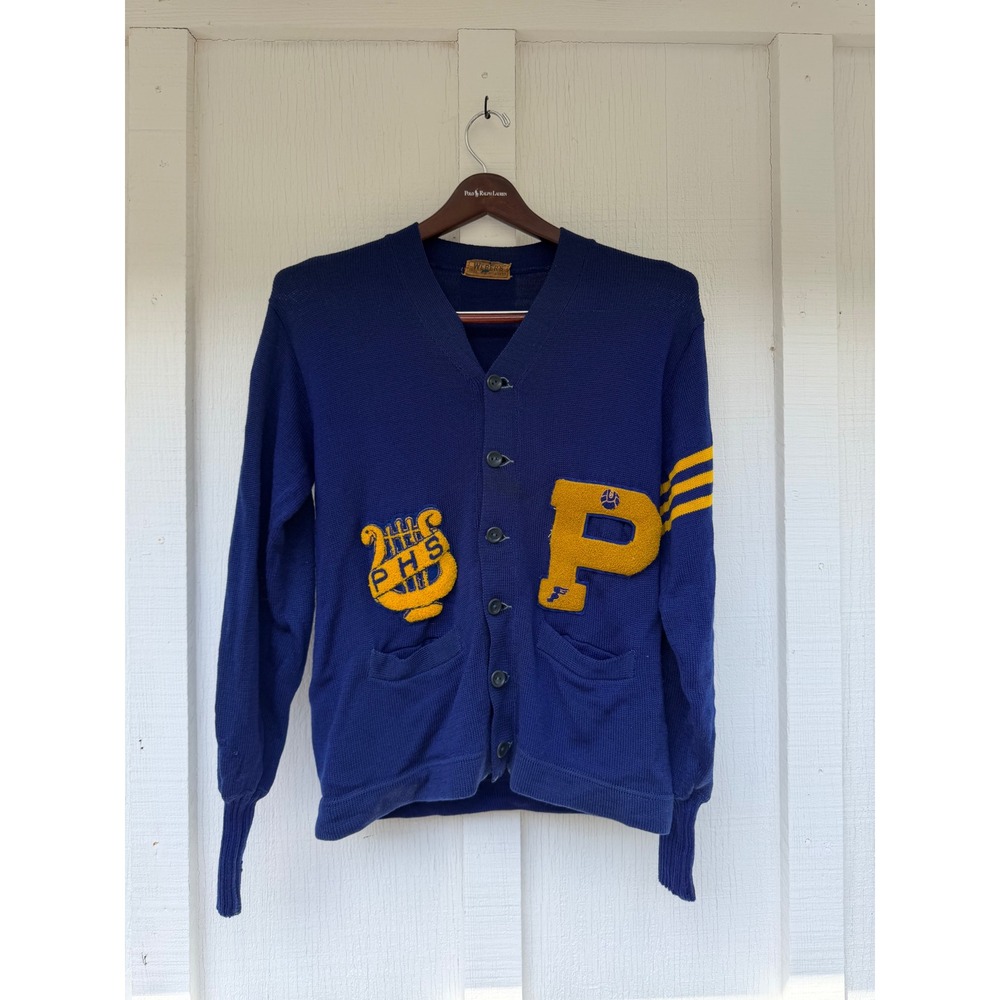 Vtg 50s 60s Webers Letterman Cardigan Shaker Sweater PHS Music Lyre Patch Wool